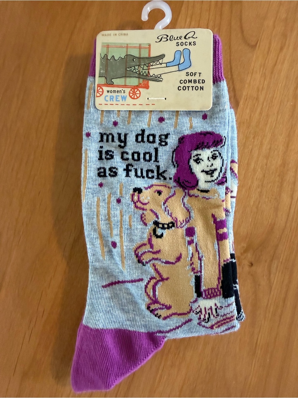 Blue Q Crew Socks in Light Gray & Purple with Dog Graphic